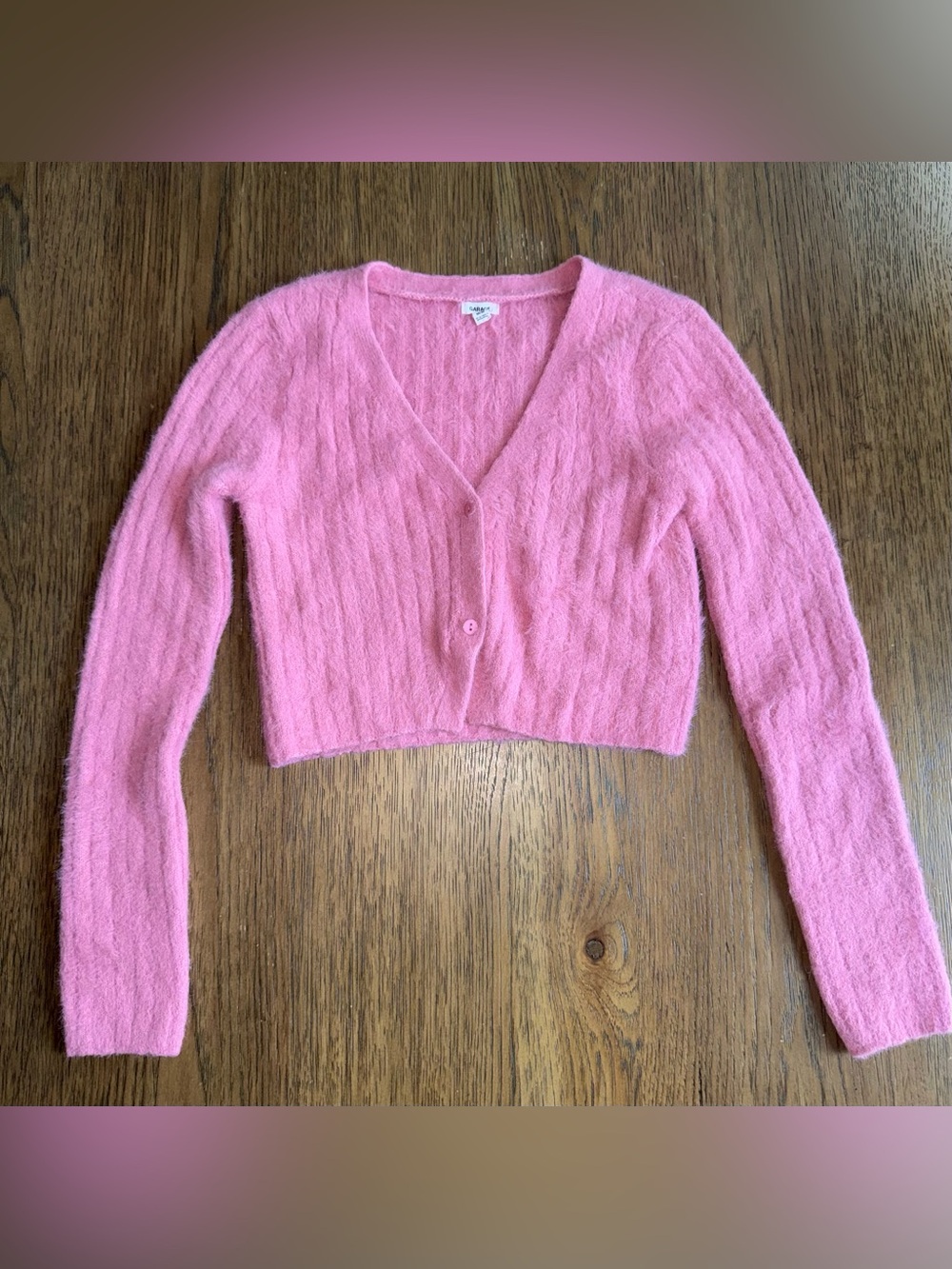 Garage Fuzzy Pink Cropped V‑Neck Cardigan